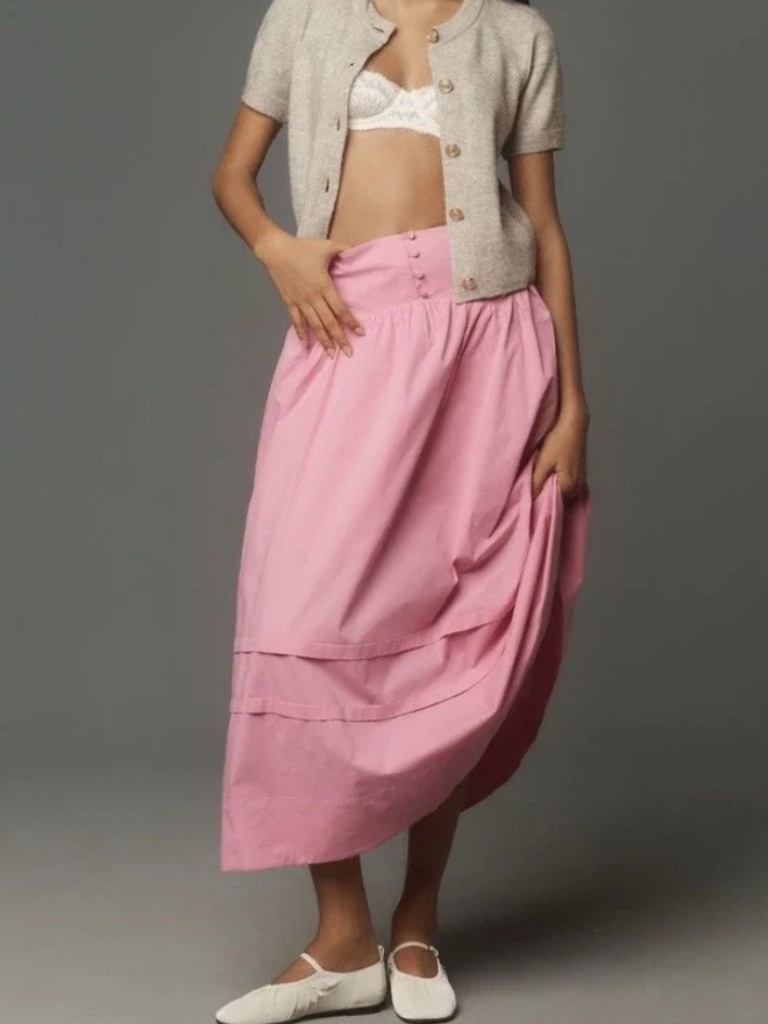 Maeve Boho-Chic Pink Button Waist Flowy Midi Skirt